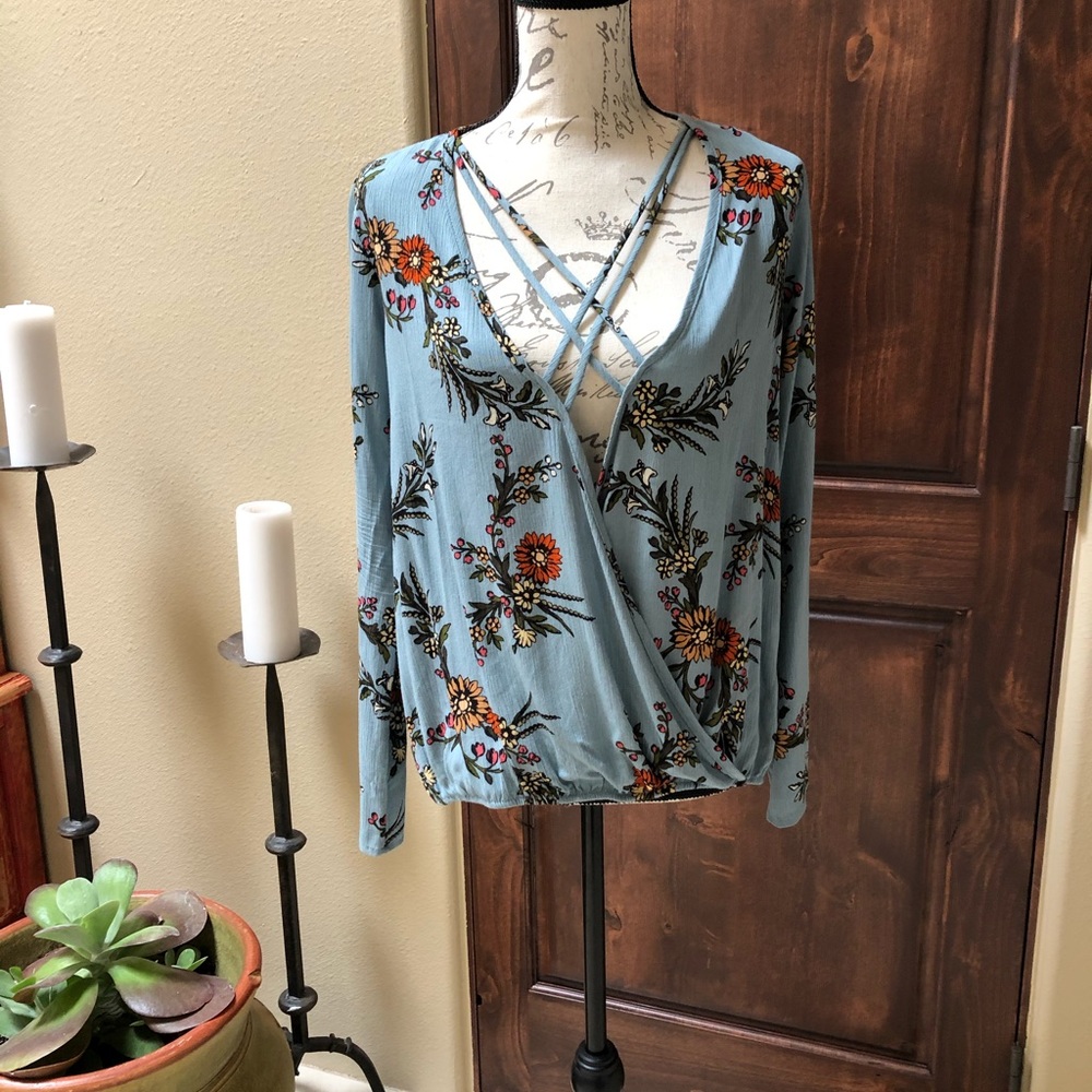 Sage Light Blue Floral Criss Cross Blouse